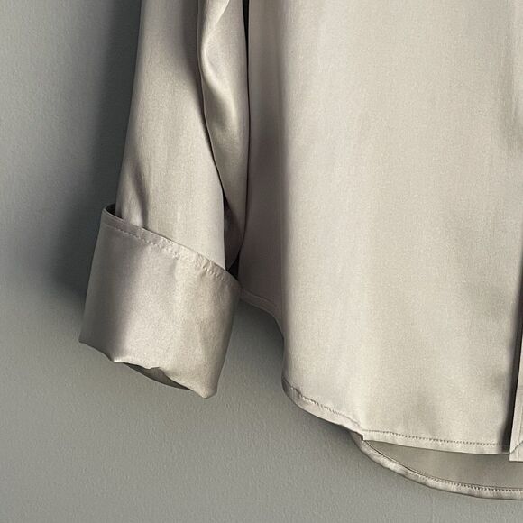 Ralph Lauren Black Label Silk Blouse Sz 10 Gray Button-Up Long Sleeve Shimmer - Picture 5 of 16